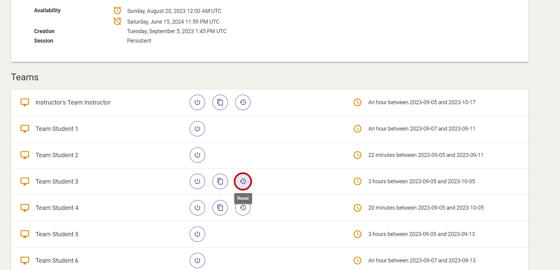 Highlights the reset button, which is located to the right of the start button and copy button.